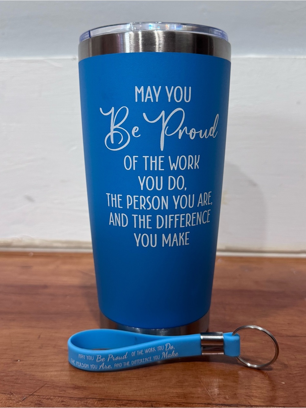 Inspirational Blue Stainless Steel Tumbler with Matching Keyring